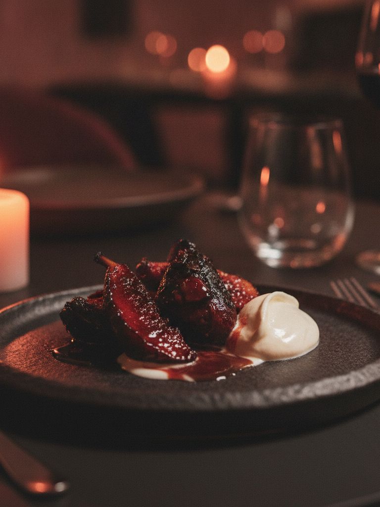 Course five, an ember-baked fruit dessert, caramelised and close up
