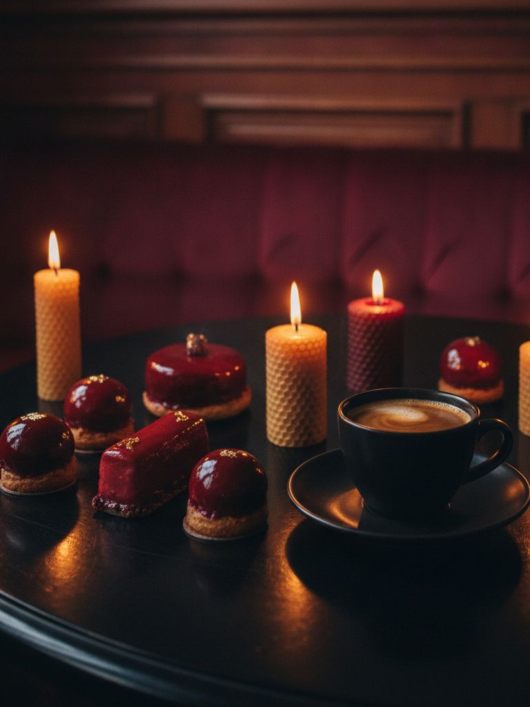Course six, petit-fours and coffee with the candle burned low at end of night