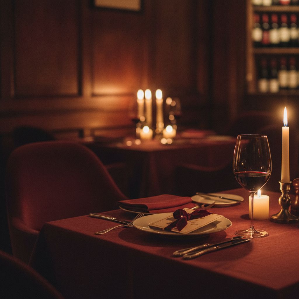 A seat at the table wrapped as a gift, a printed card by candlelight