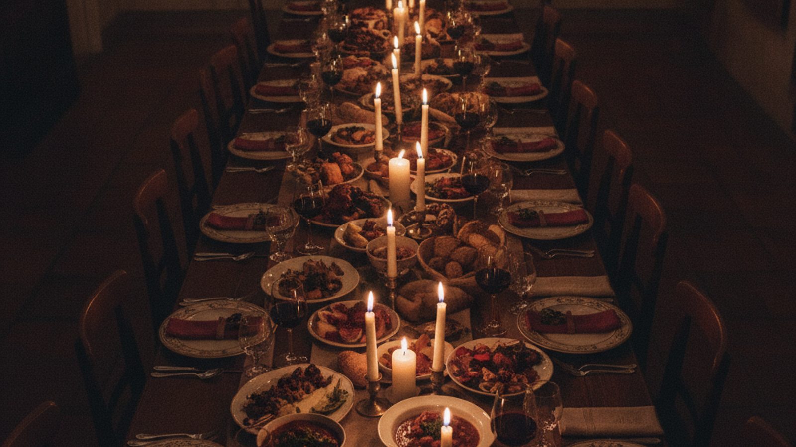 A candlelit communal table laid for a live-fire tasting menu