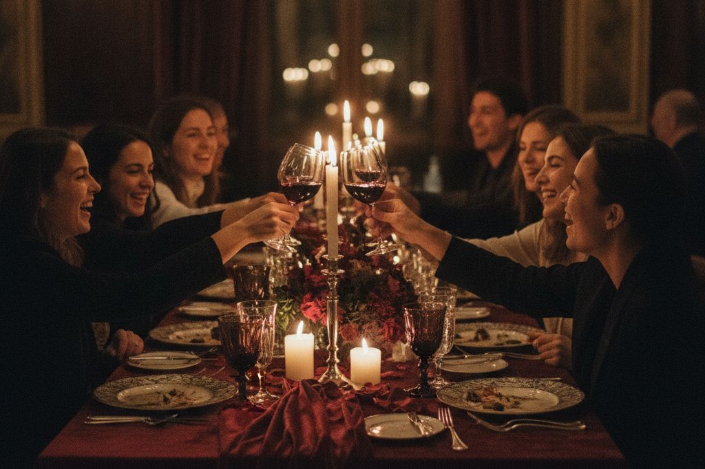 The full communal table mid-celebration, glasses raised in warm candlelight