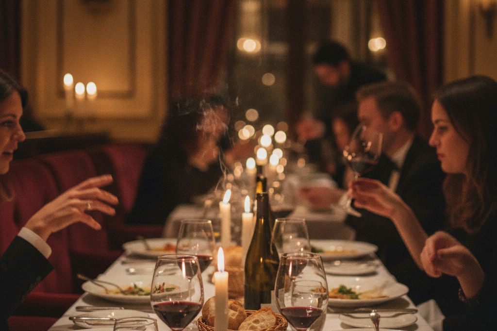 The full communal table mid-service, guests seated in warm candlelight