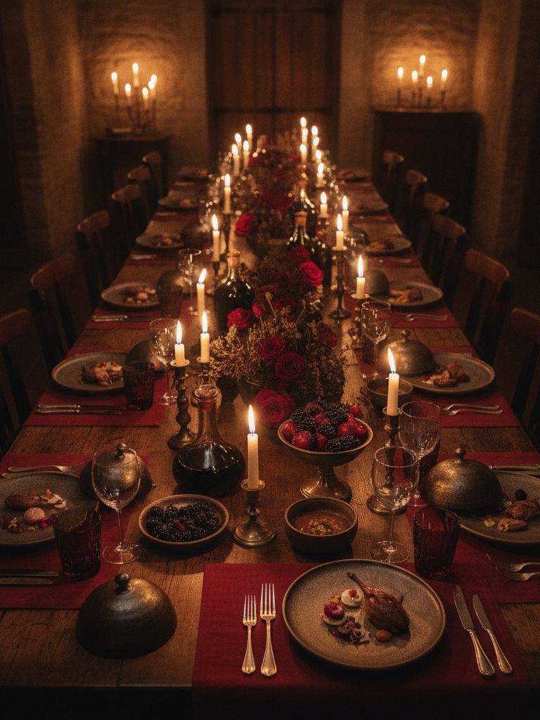 A communal table laid for six by candlelight, seen from above