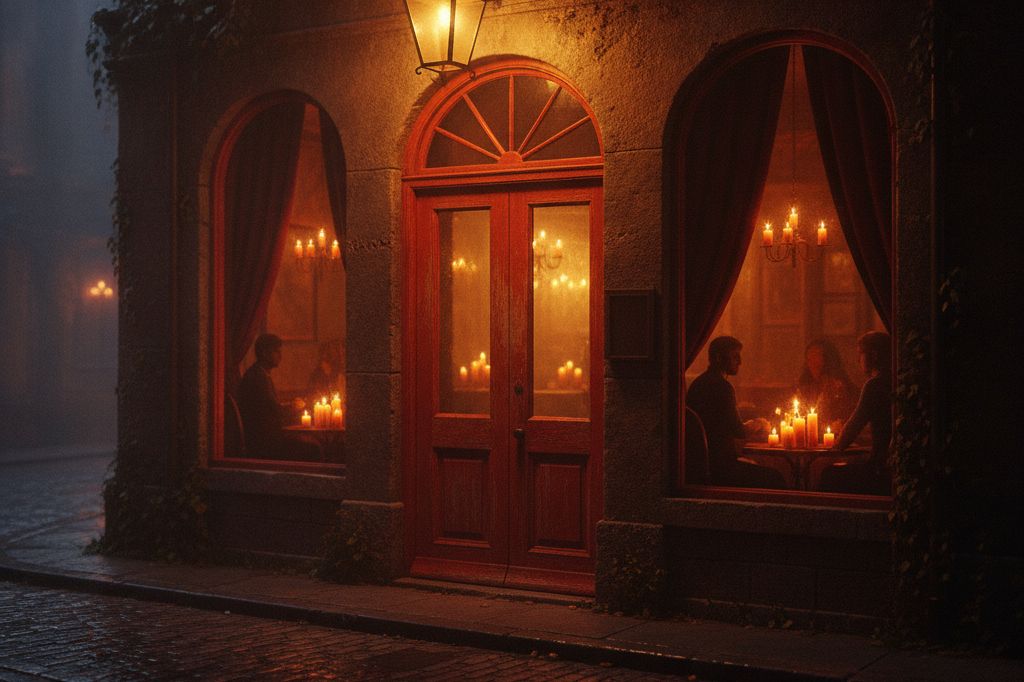 The restaurant's red street door on Ember Row at dusk