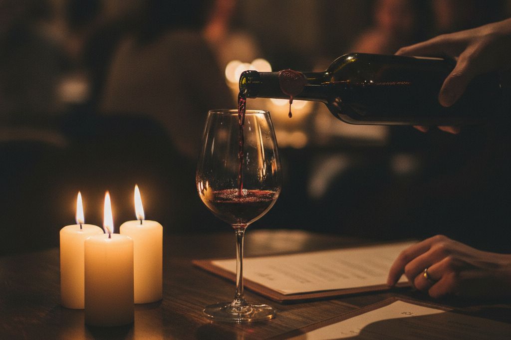 Hands pouring low-intervention wine into a glass by candlelight
