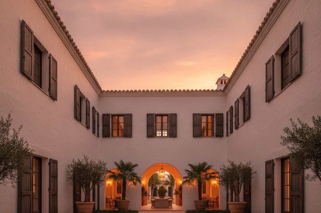 Casa Poniente — a whitewashed courtyard villa with timber shutters at dusk