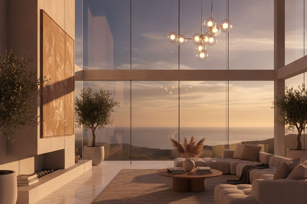 The great room under a board-formed concrete ceiling, glazed end to end at dusk