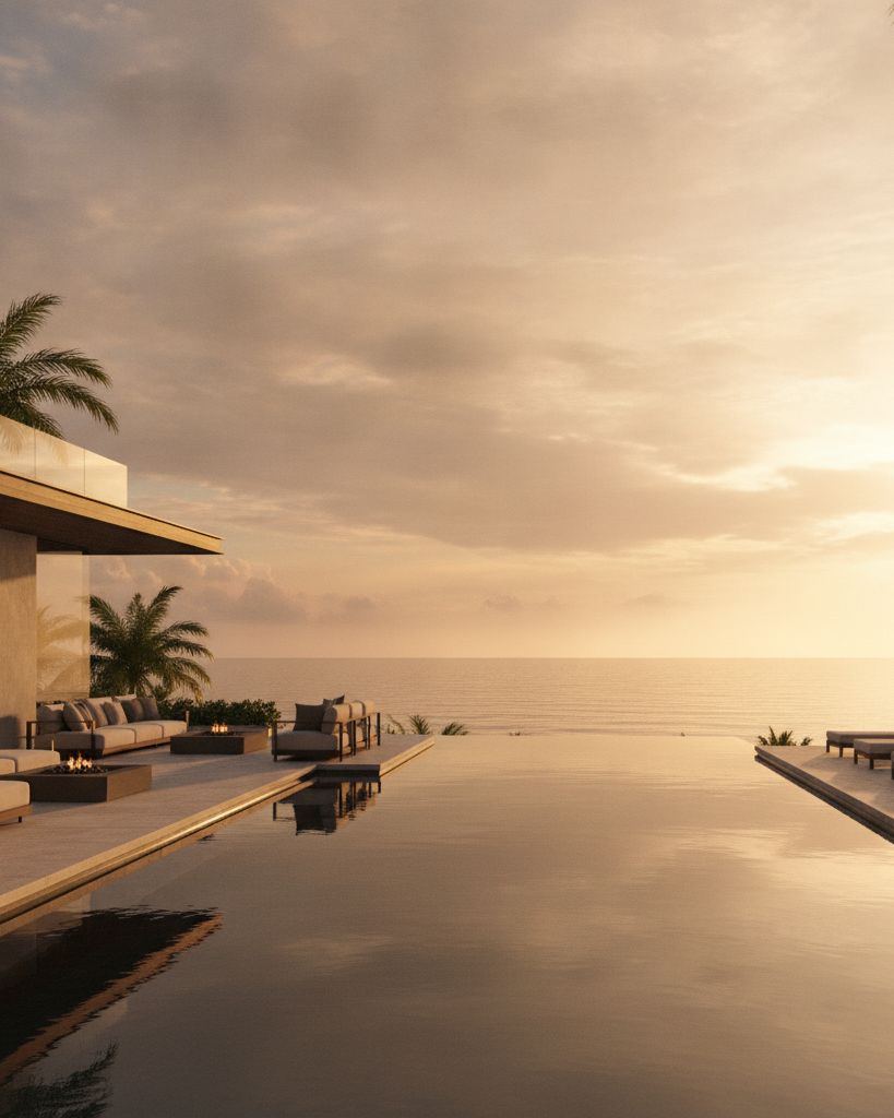 The infinity-edge pool and terrace aligned with the horizon at sunset