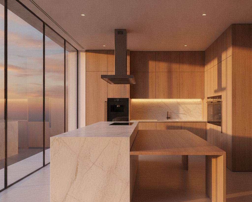 The kitchen in warm evening light, stone counter and a view to the sea