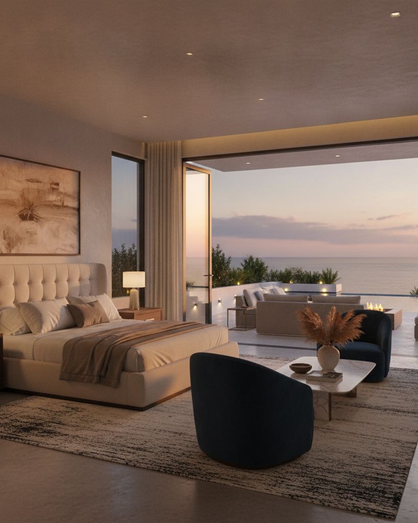 The principal suite opening to a west-facing terrace at dusk