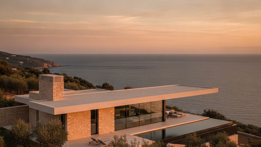 A stone-and-glass villa catching low golden-hour light through tall windows, palms in silhouette