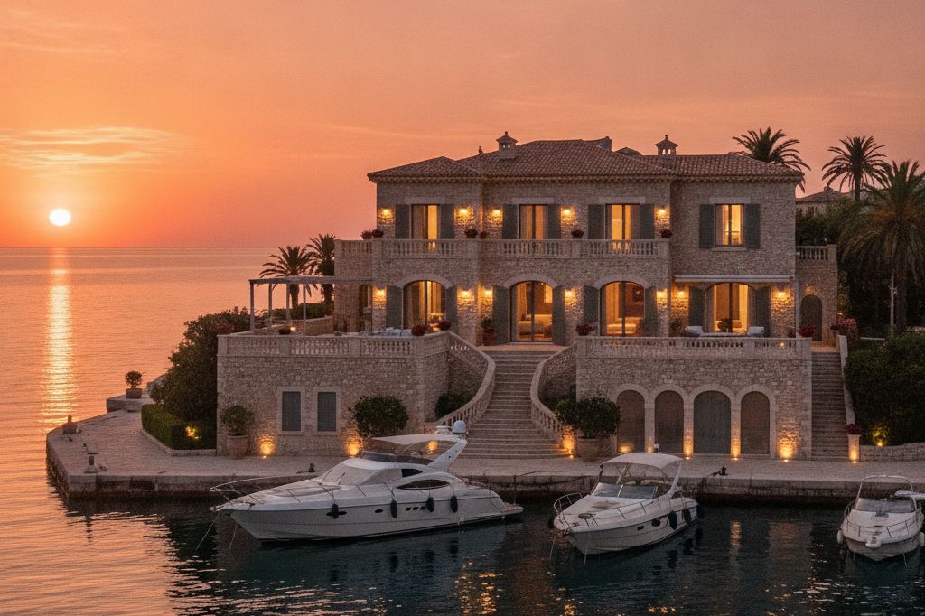 Migjorn — a marina-side stone villa with warm lit terraces at sunset