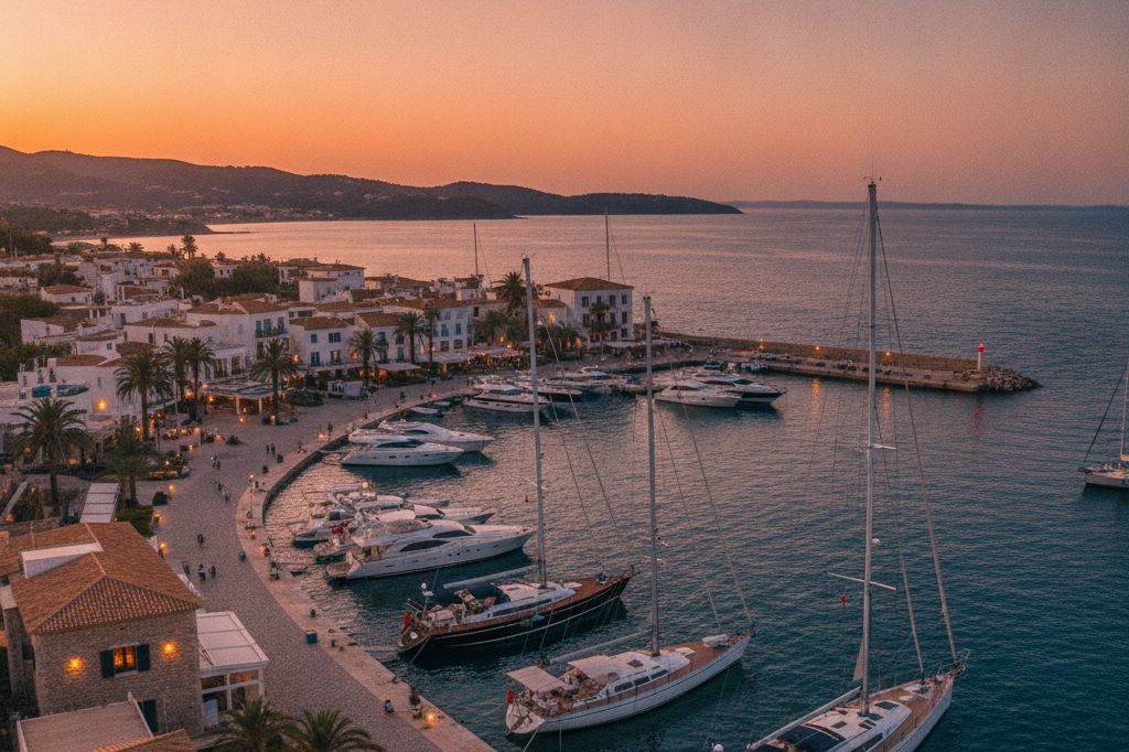 The Costa d'en Blanes harbour, boats still on rose-and-honey water at dusk