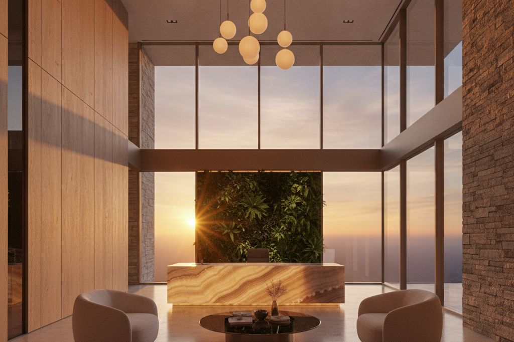 The Meridian office on Passeig del Mar at dusk, warm light in the windows