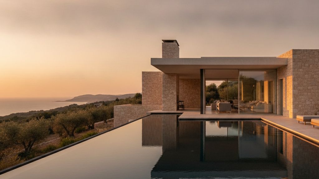 Villa Meridiana — a low sandstone house glowing in late golden-hour light