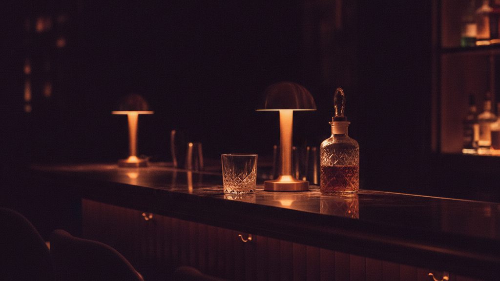 The Bar Room after dark — a low-lit cocktail bar with a brass lamp and a crystal glass beside a decanter on marble.