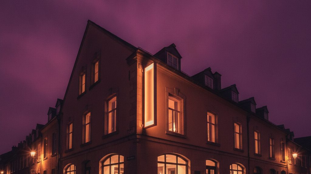 The Nocturne after dark — the hotel facade with warm-lit windows and a glowing blade sign over the lane.