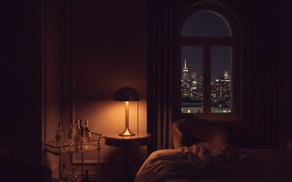 The Velvet Room after dark — a lamp-lit top-floor suite with a bar cart and a window over the lit city.