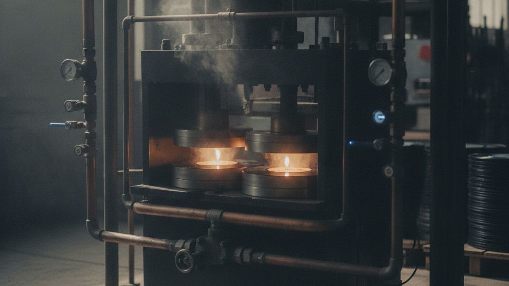 A vinyl pressing machine mid-run on the plant floor