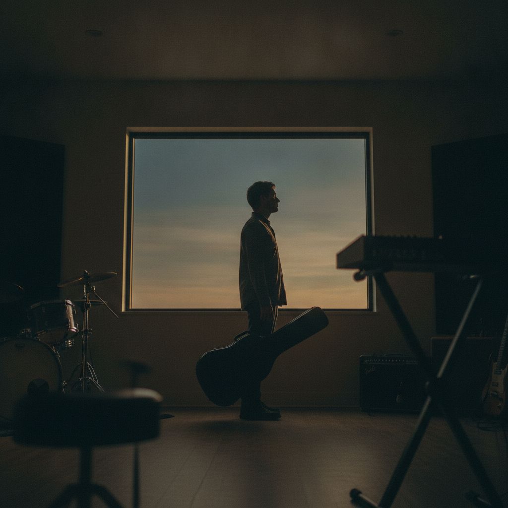 A musician silhouetted against a studio window at dusk