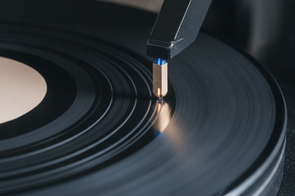 A vinyl mastering lathe cutting a lacquer, the stylus catching the light