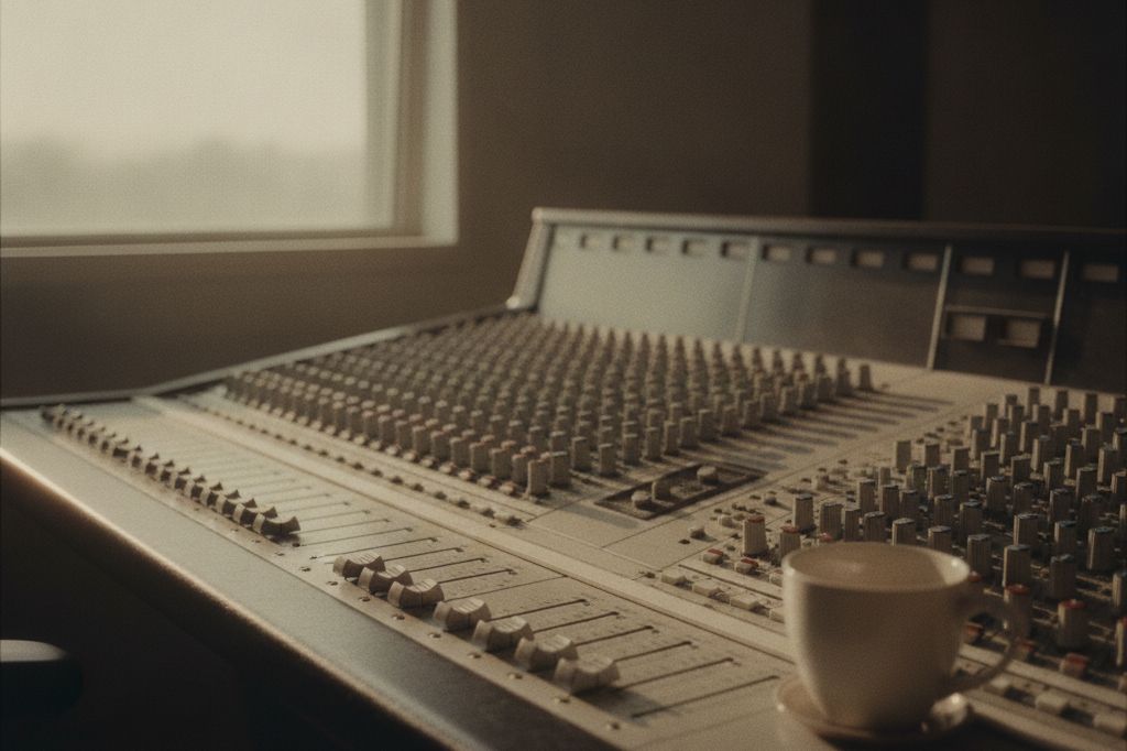 A recording-studio mixing console in soft dawn light