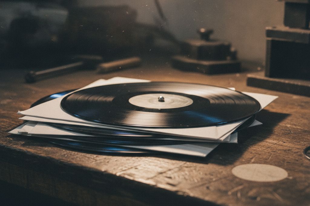 Freshly pressed test-pressing records in plain sleeves on a workbench