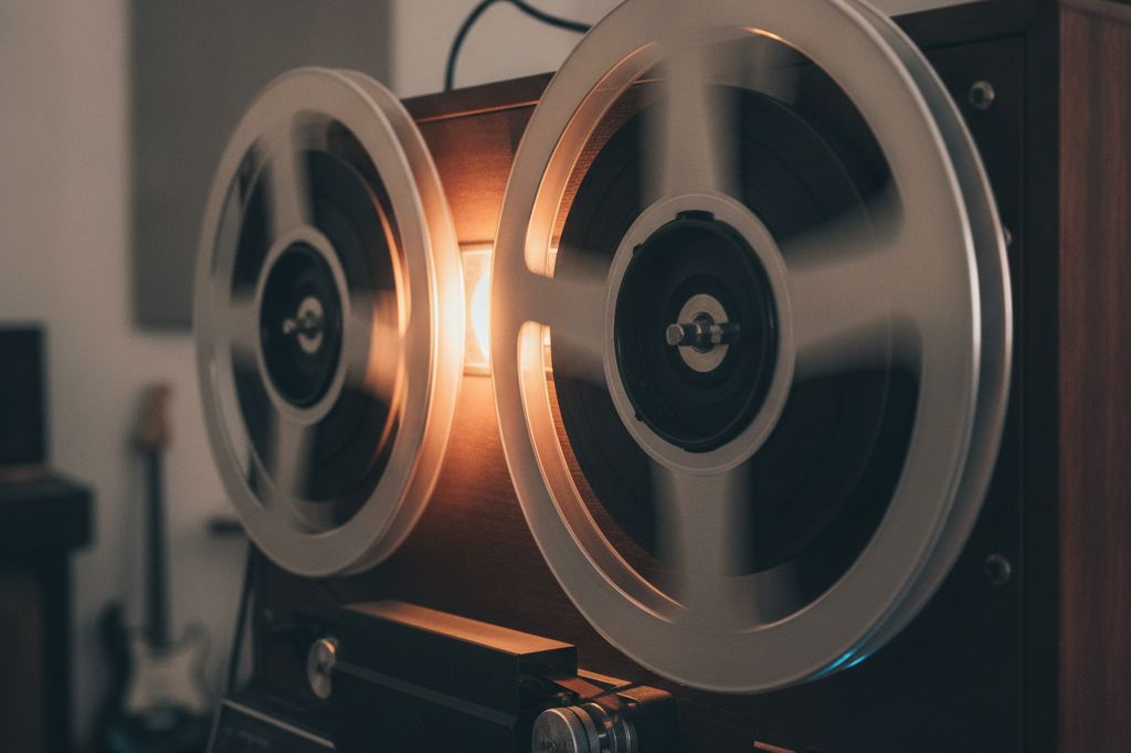 Tape reels turning on a reel-to-reel machine in warm light