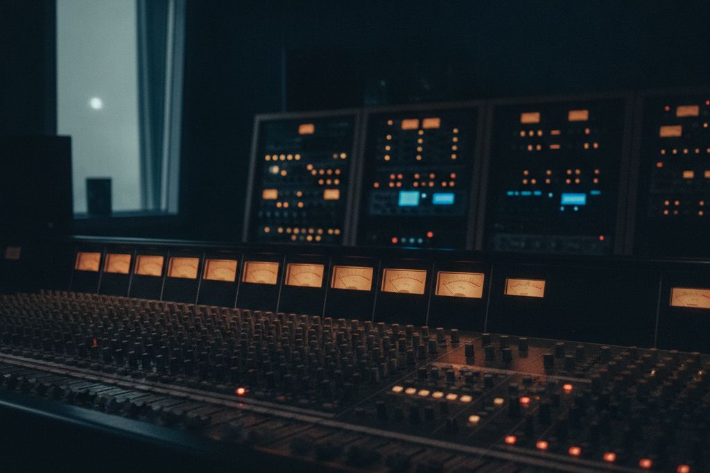 A dim studio control room at night, glowing meters and outboard gear