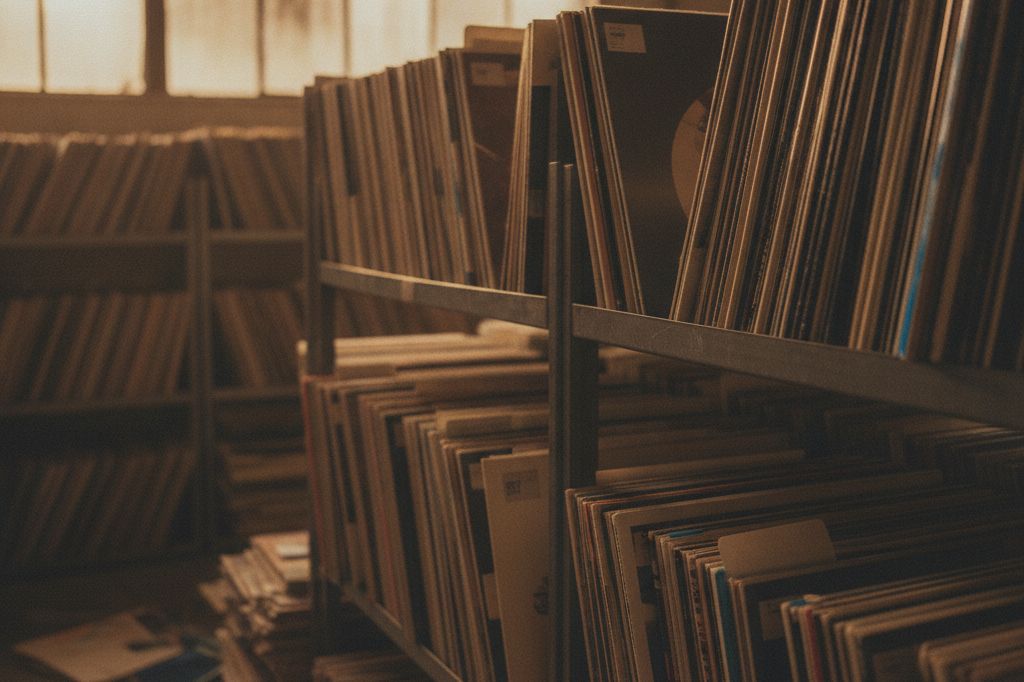 Record sleeves stacked and leaning in a pressing-plant storeroom