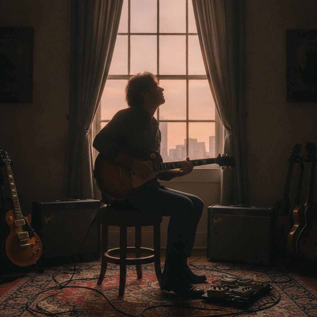 A guitarist backlit by a studio window at dusk