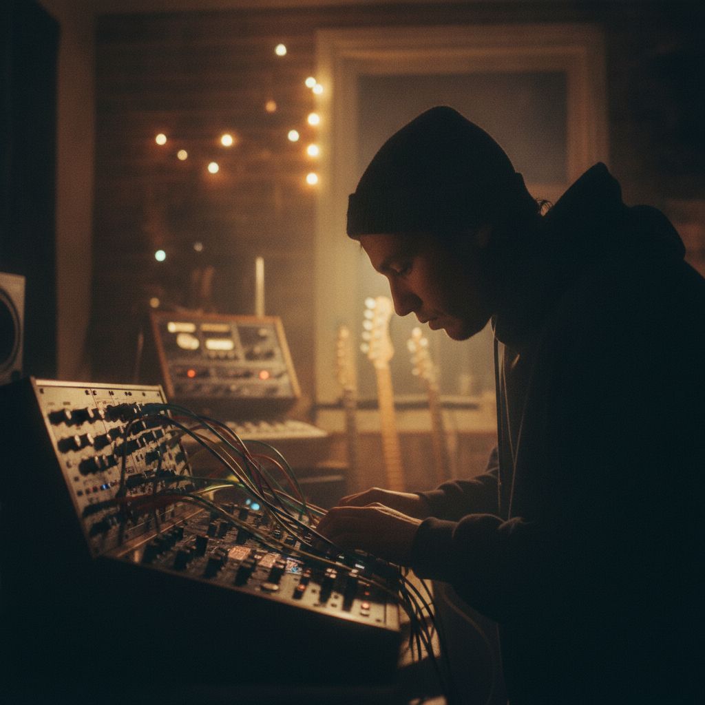 A synth player over a modular rig in a dark studio