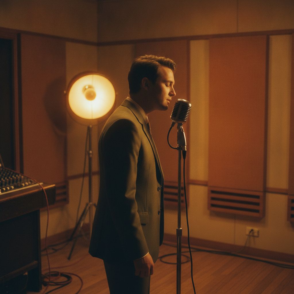 A singer at a ribbon microphone in a warm booth
