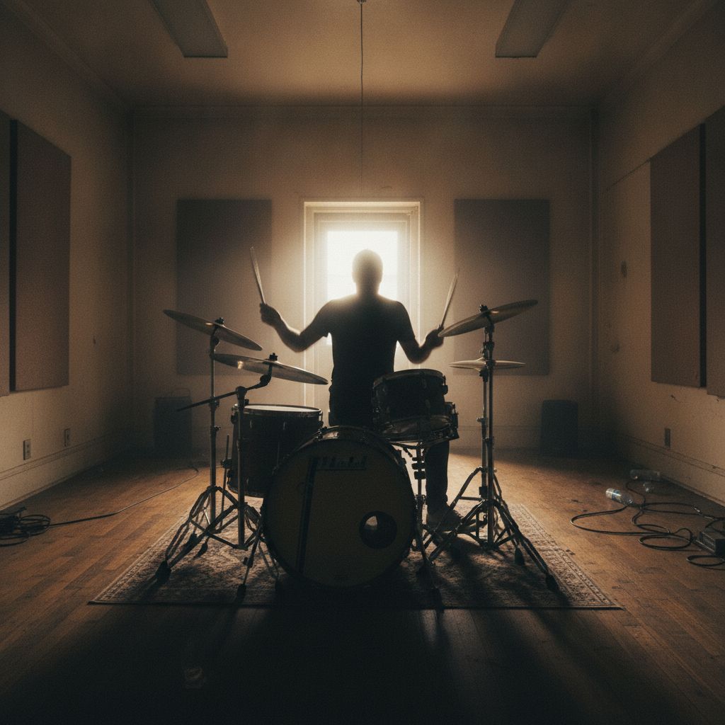 A drummer silhouetted against a bright doorway