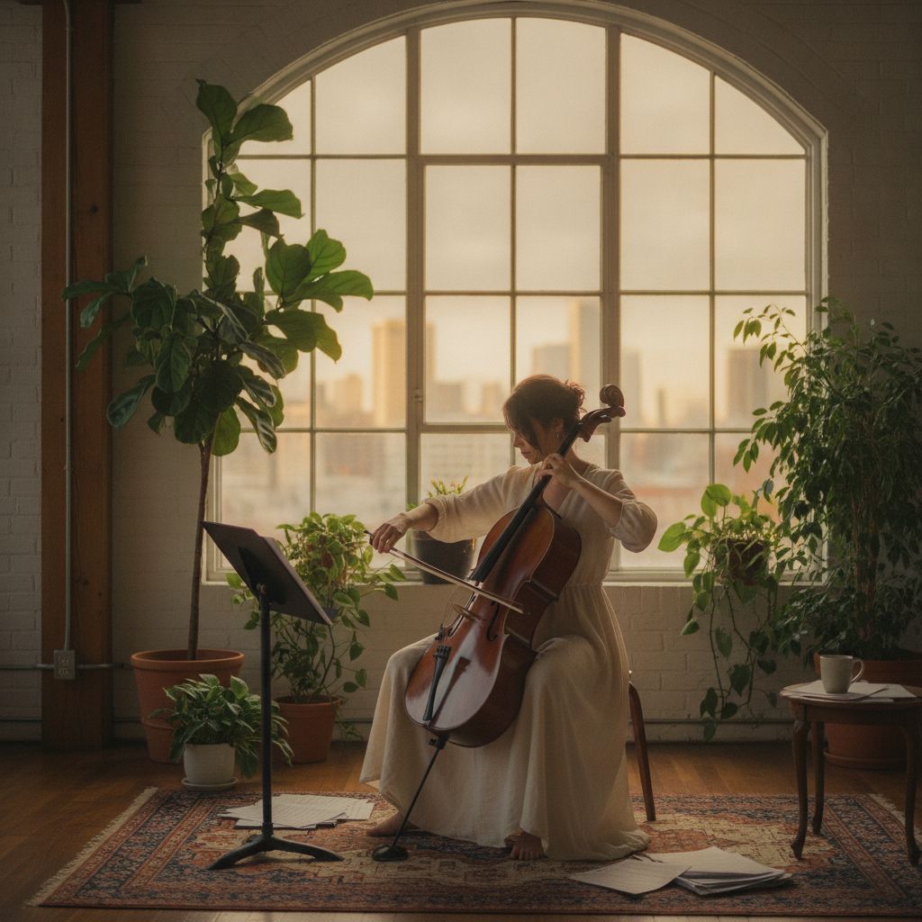A cellist bowing in a bright loft by a window
