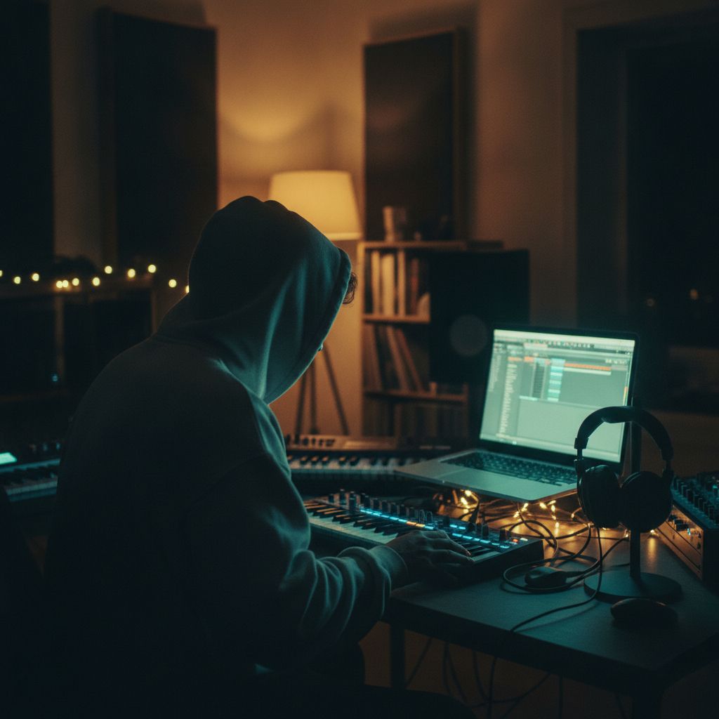 A producer at a keyboard in a bedroom studio at night
