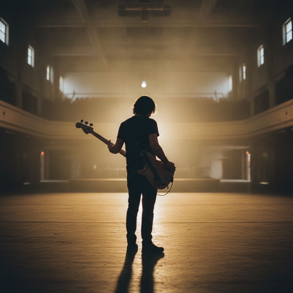 A bassist in an empty concrete venue before soundcheck