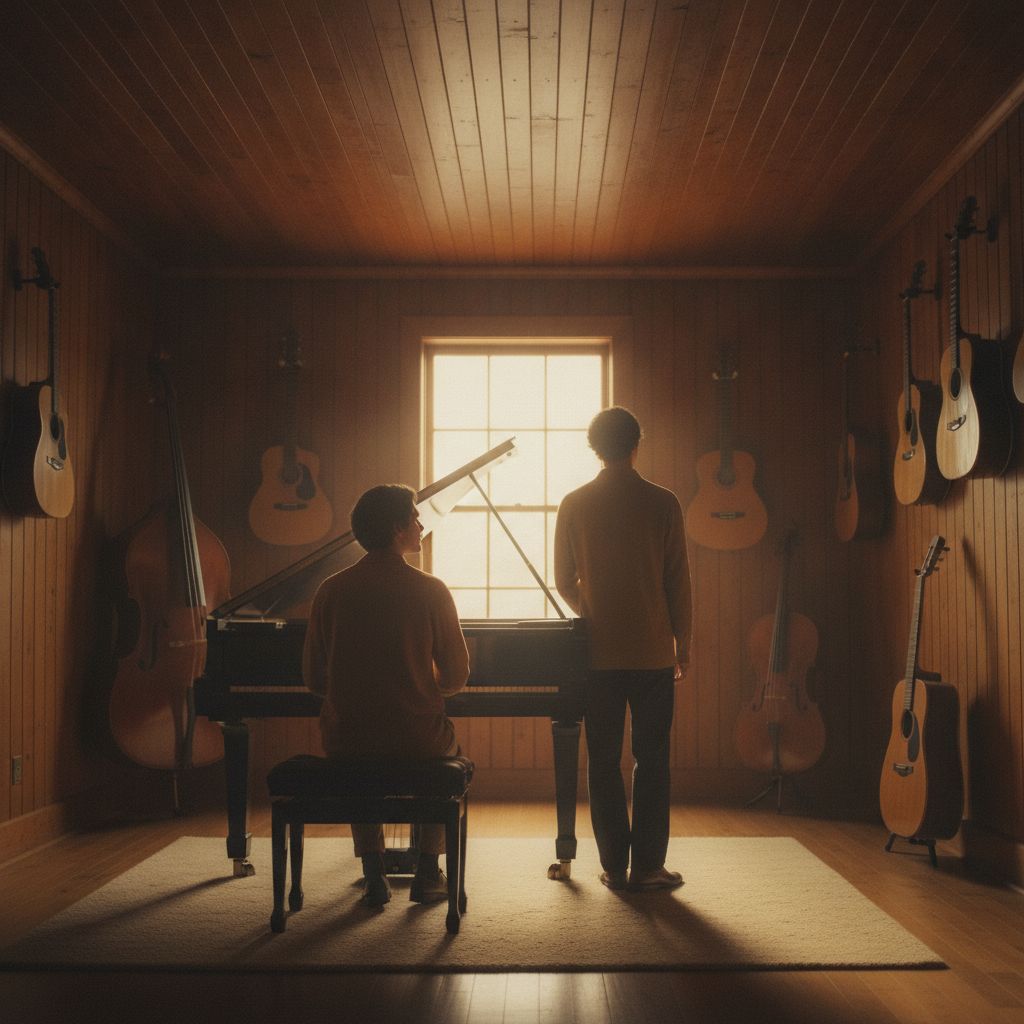 A duo in a warm wood-panelled studio at golden hour