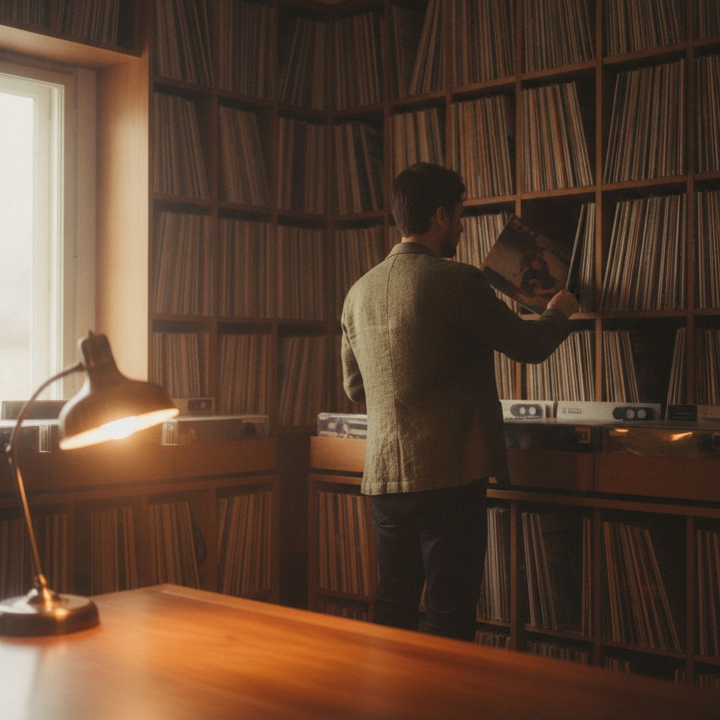 A staffer pulling a record from a vinyl-lined shelf