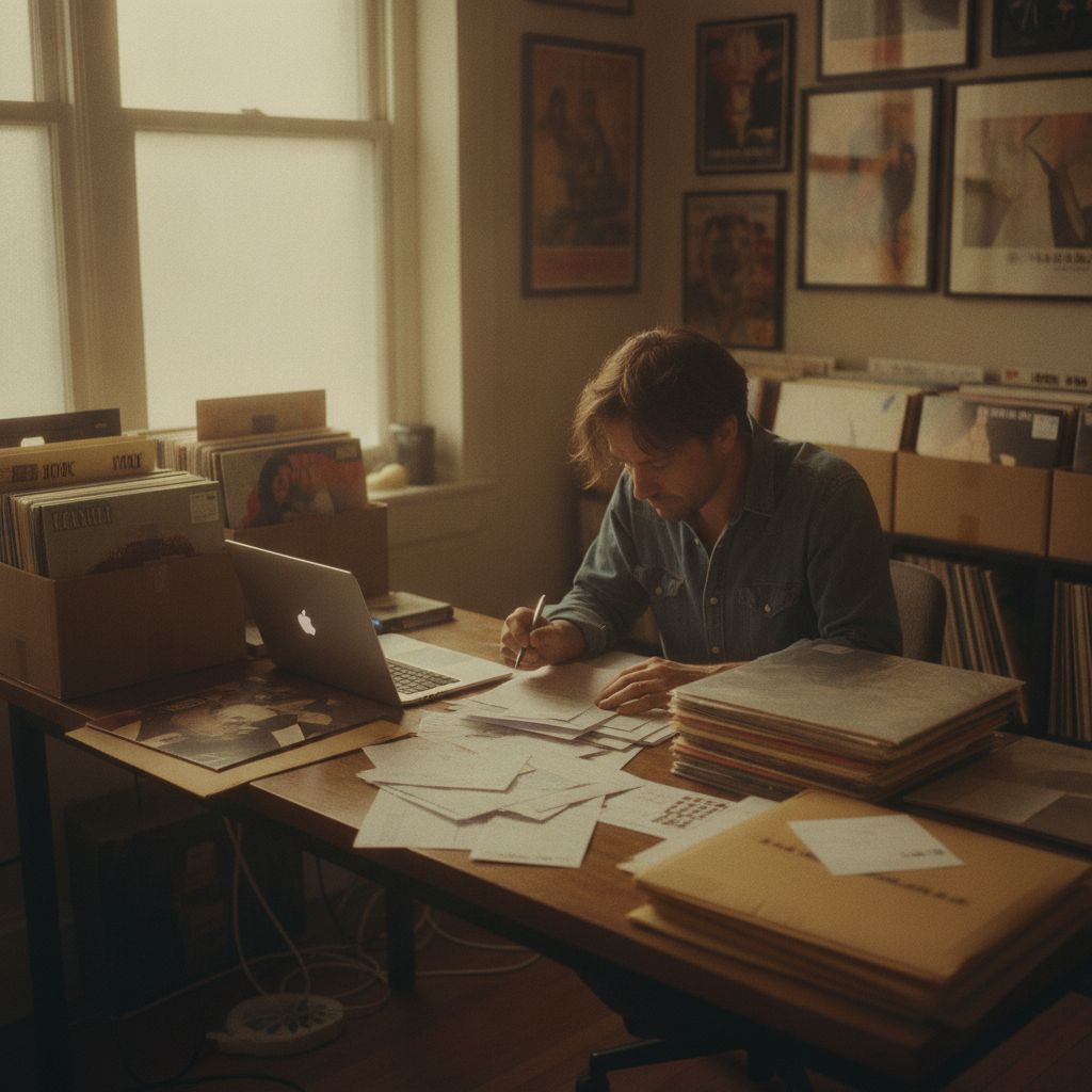 A label manager at a desk stacked with mail-order records