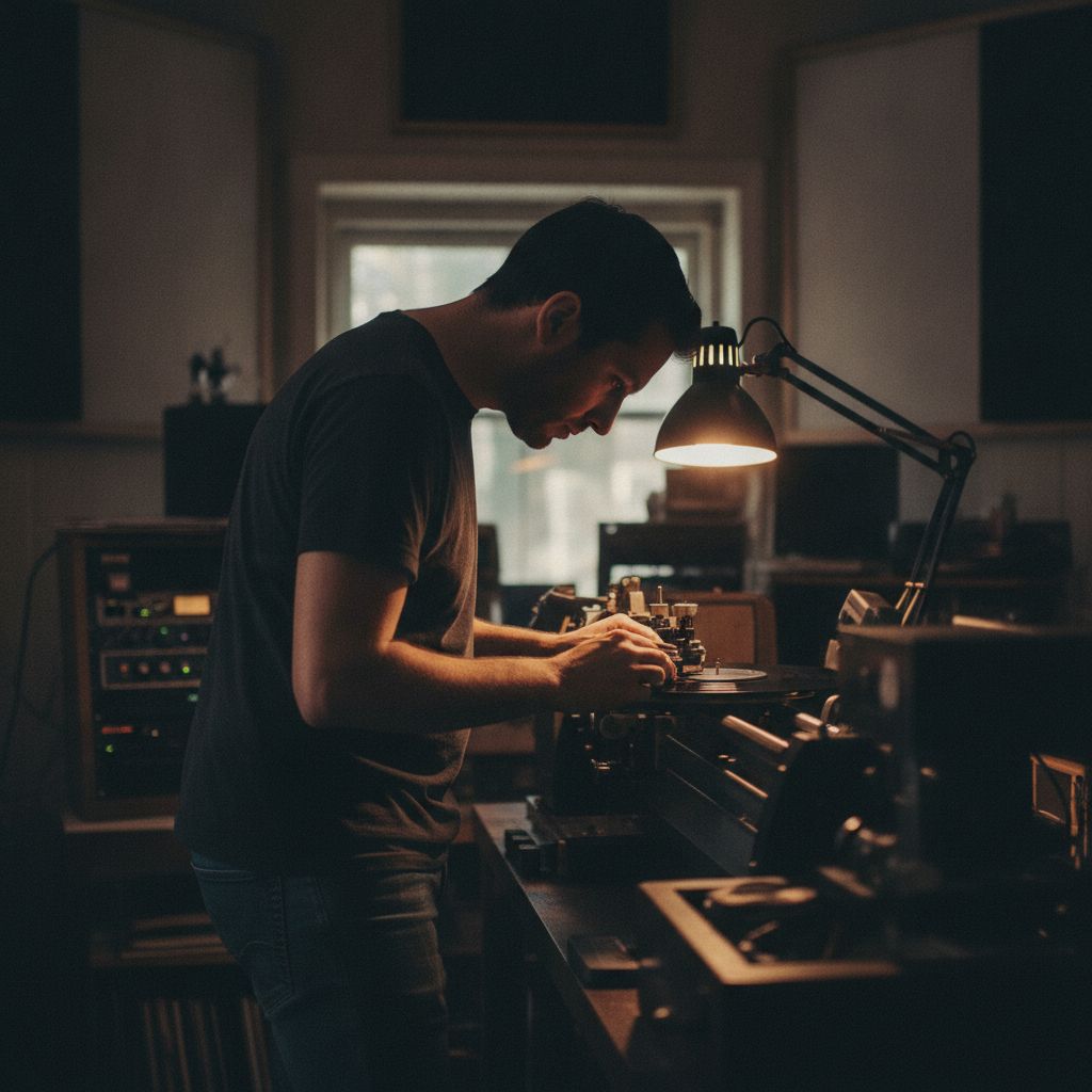 A mastering engineer inspecting a lacquer at the cutting lathe