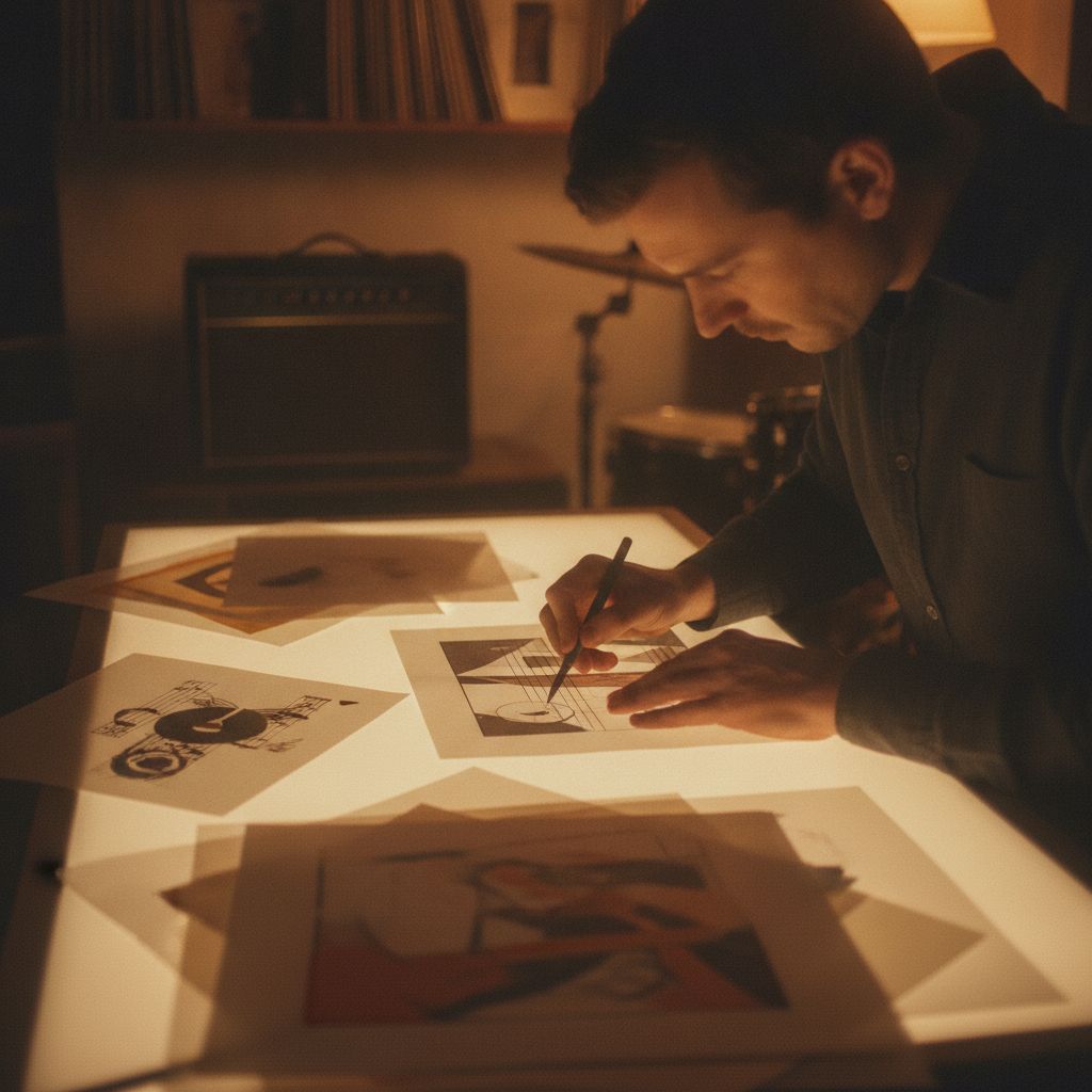 A sleeve designer at a light table with printed artwork