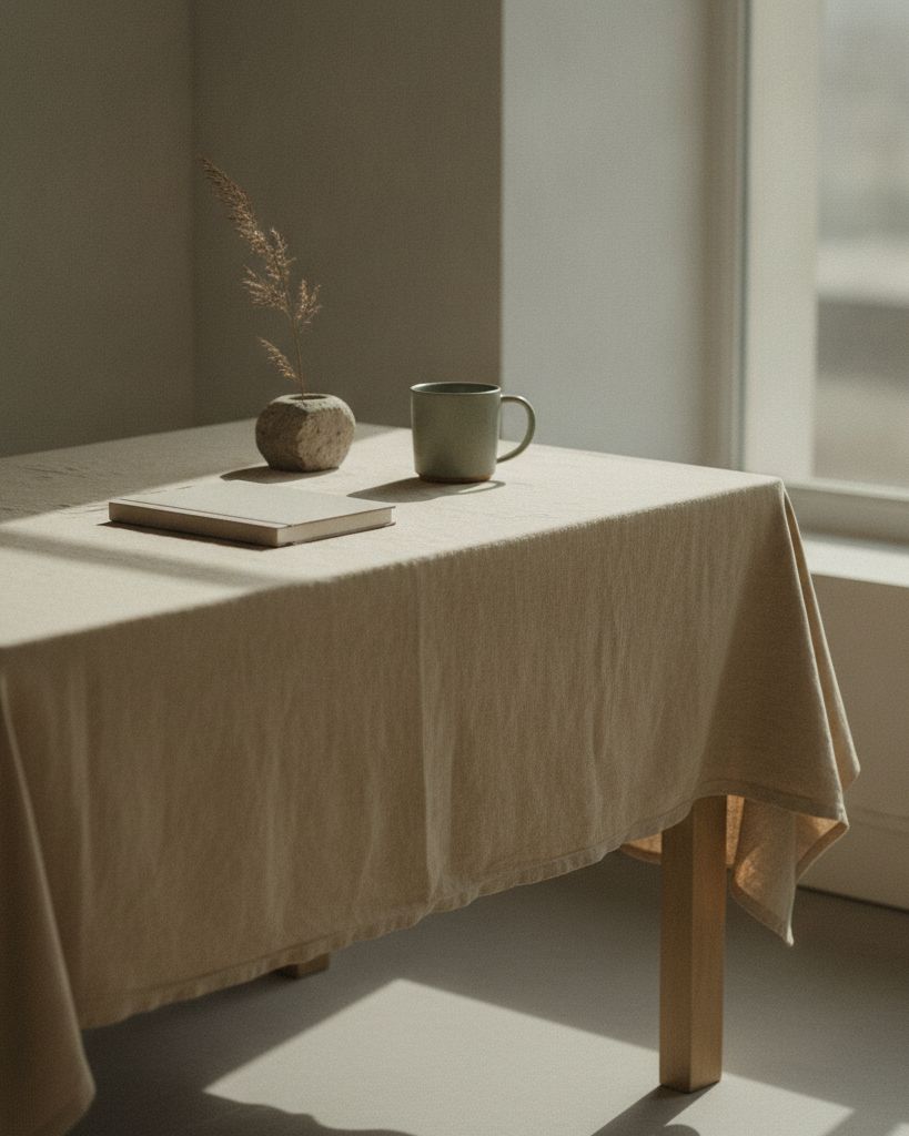 A calm linen-draped table by a window in soft morning light, set with a closed notebook, a sage ceramic mug, and a single dried stem in a stone vessel