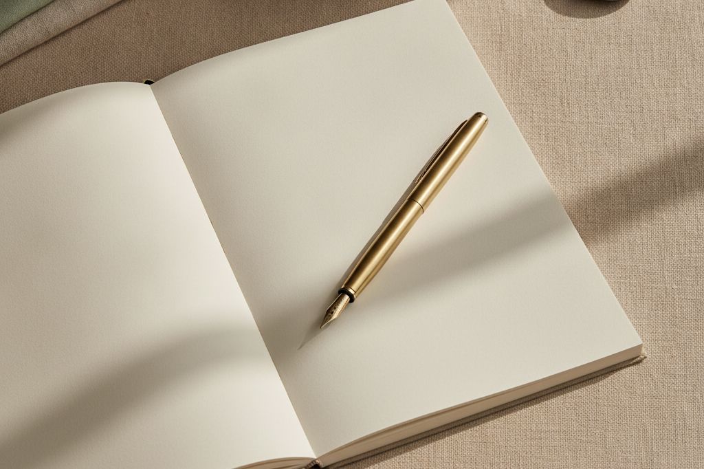 An open blank notebook with a slim brass pen resting on it, on a linen desk in soft natural light