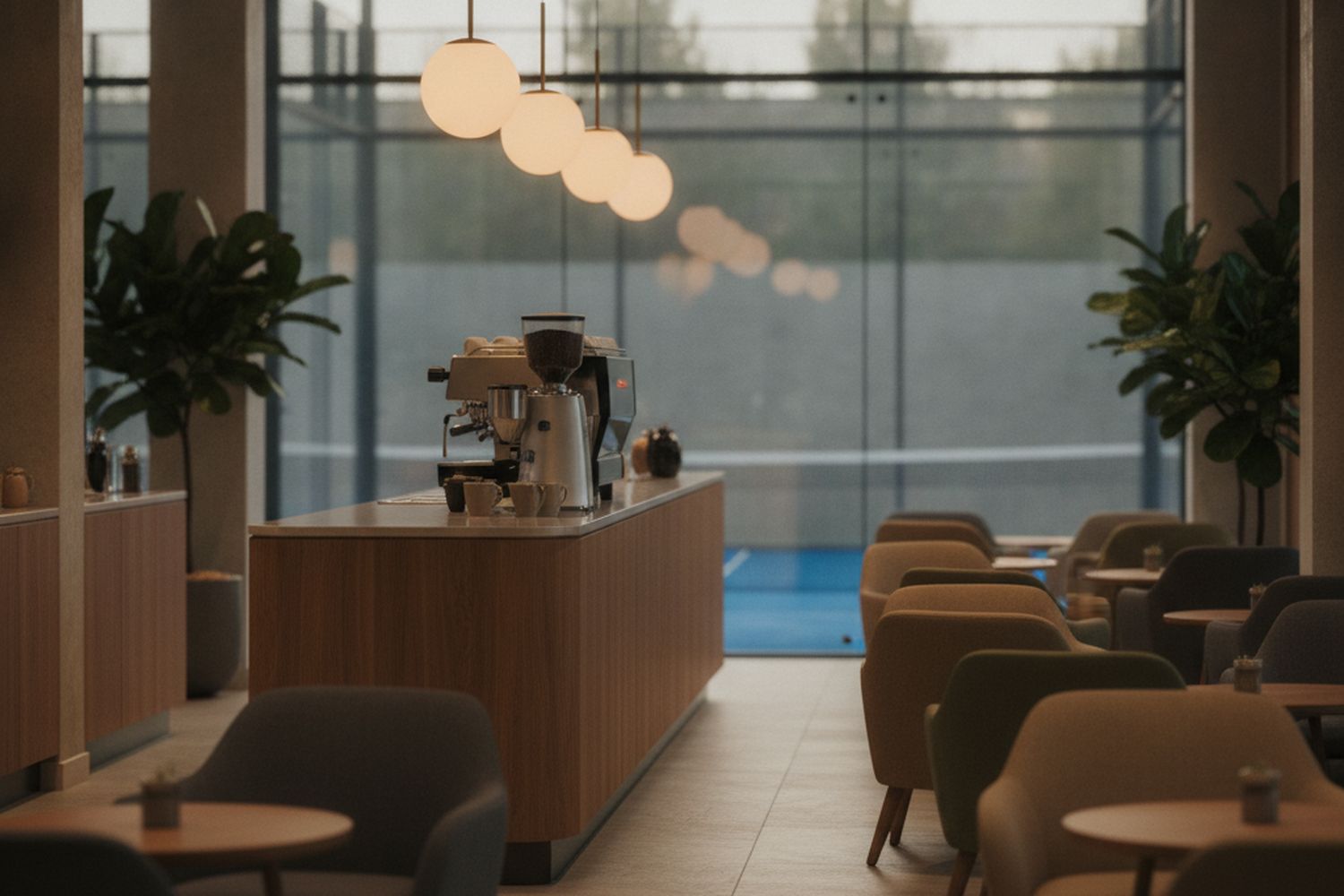 The clubhouse cafe beside the courts: a timber counter with an espresso machine, warm pendant light, a blue court visible through the glass