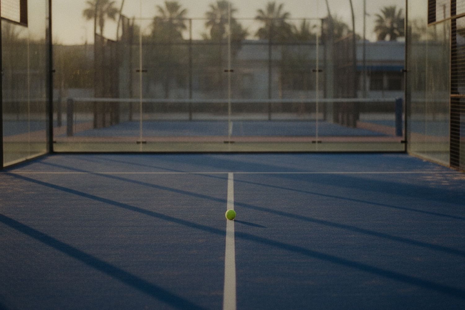 An empty blue padel court behind glass walls at golden hour, a yellow ball on the centre line
