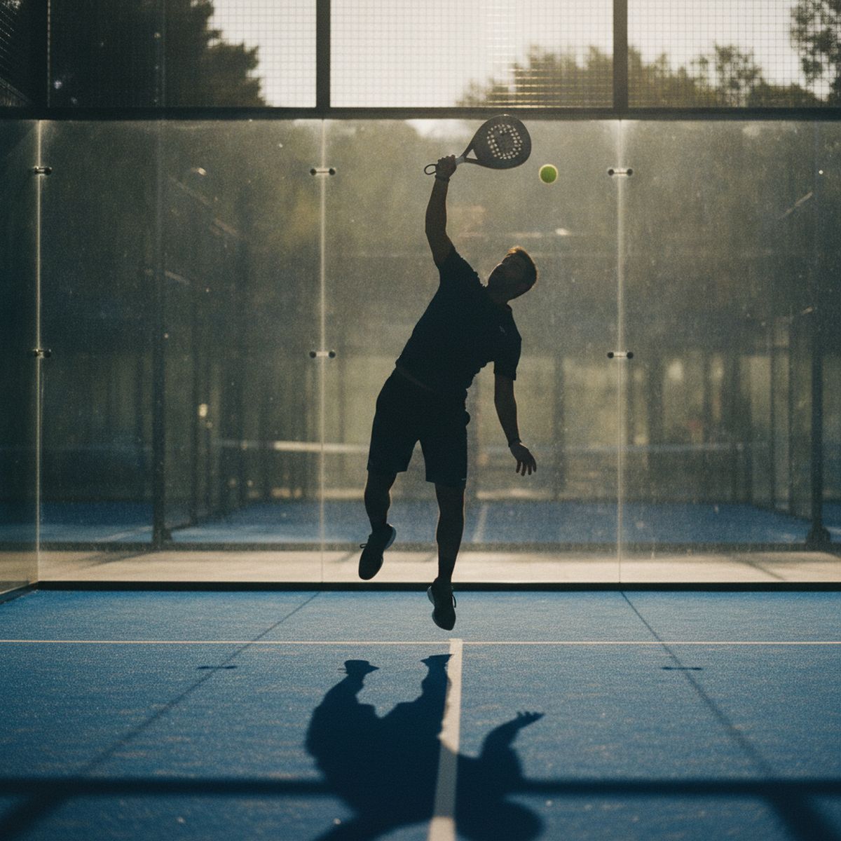 A padel player in full silhouette mid-swing on a sunlit blue court, ball in the air