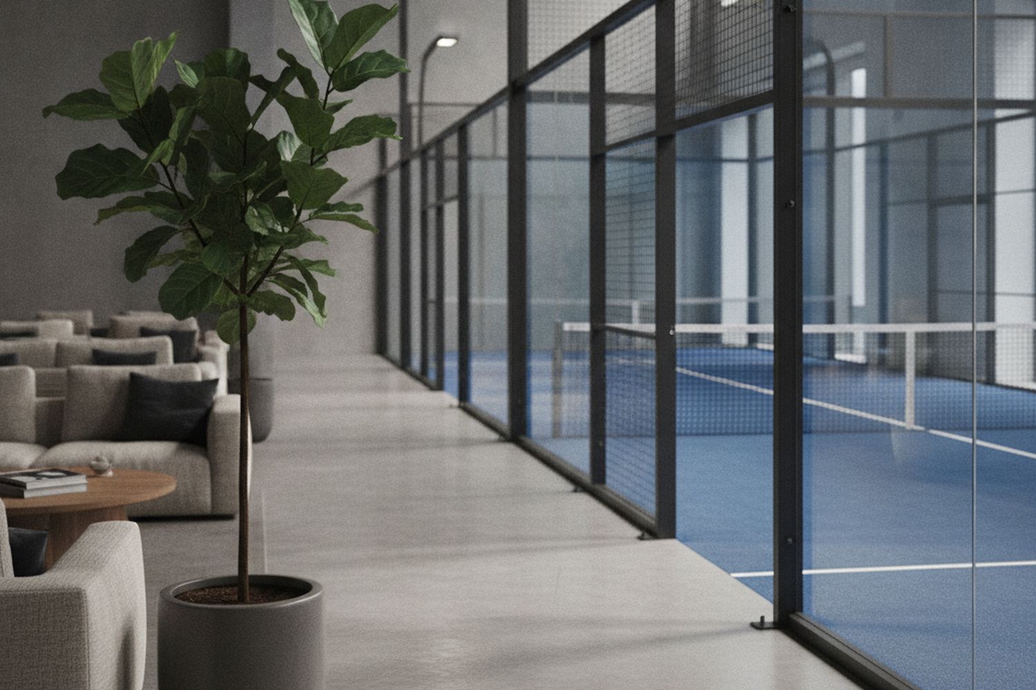 The club interior: a row of glass-walled blue courts receding down a naturally lit hall, a lounge in the foreground