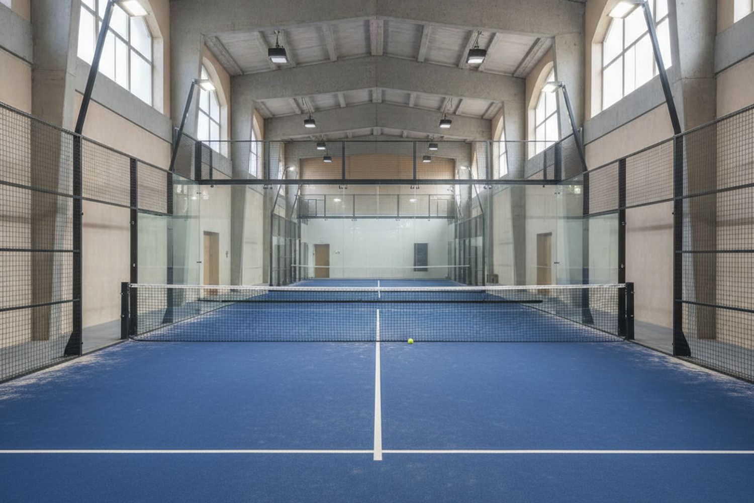 An empty blue padel court inside the club's panoramic indoor hall, one yellow ball resting on the centre line by the net
