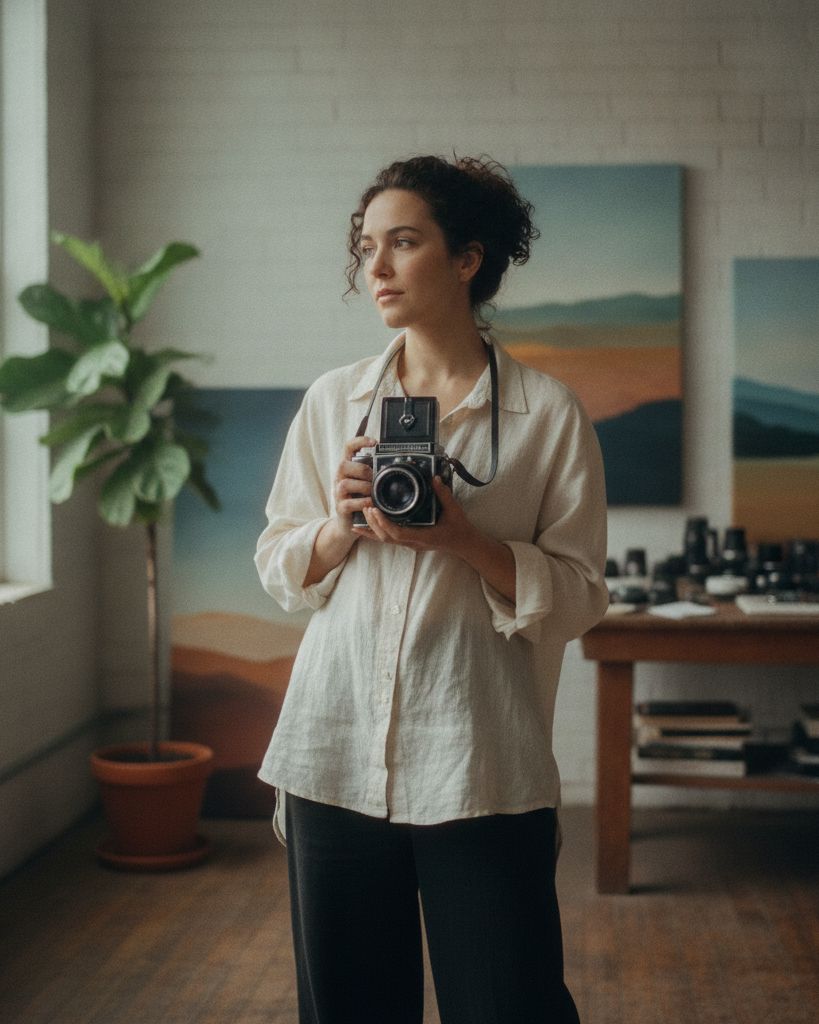 The photographer standing by a studio window, holding a medium-format film camera, prints pinned to a board behind